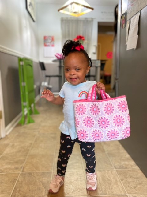 Toddler carrying pink bag